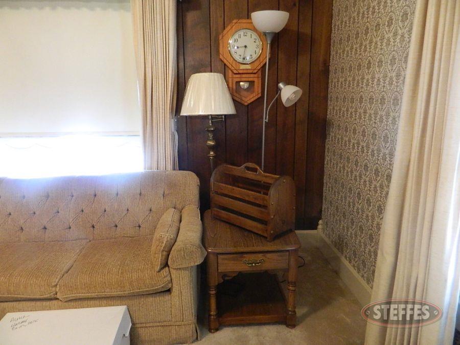 End Table, (2) Lamps, Magazine Rack, & Wall Clock